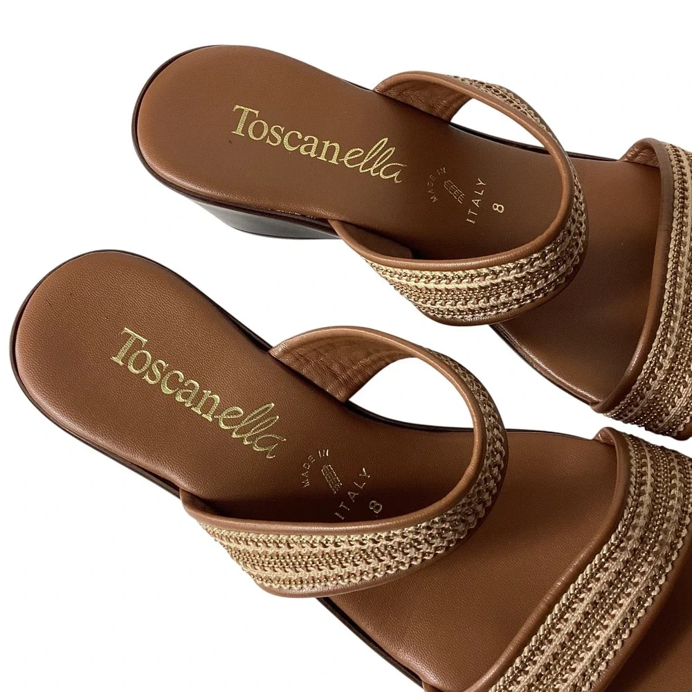 Toscanella Italian Brown Leather Wedge Sandals Gold Woven Slides Size 8 Italy